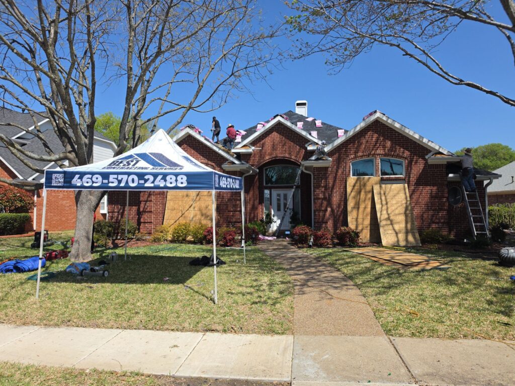 Best Contracting Services crew replacing a roof on an Allen, Texas brick ranch
