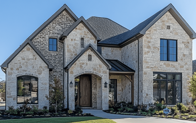 Modern light stone and dark brick custom home in Oasis Springs Manors, Murphy, Texas