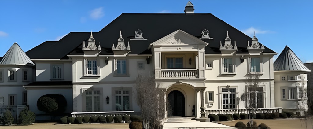 Custom white stucco luxury estate with a dark hip roof in Shaddock Park, Allen, Texas
