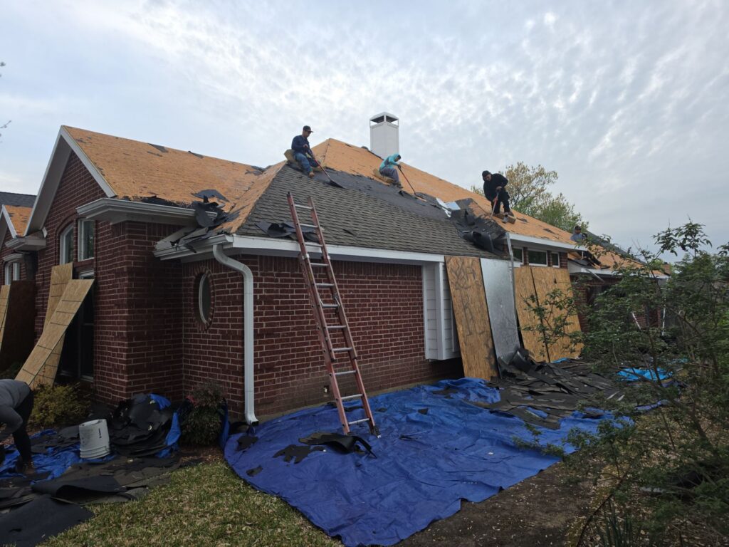 Roofing crew installing underlayment and shingles on a red-brick Allen home after tear-off, with a blue tarp protecting the lawn